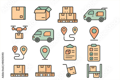 Delivery icons showcasing various stages of parcel shipment, transportation, and tracking in a minimalist design