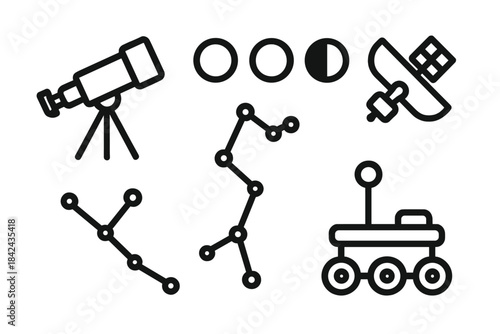 Exploration of the stars with telescope, moon phases, constellations, and a rover representation