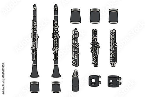 Collection of different clarinet parts and components displayed neatly for easy assembly and identification