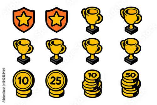 Colorful icons of trophies, badges, and coins representing achievements and rewards in a game setting