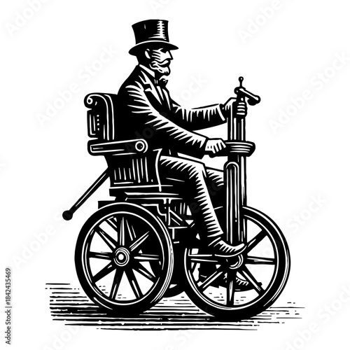 Vintage Man In Top Hat Rides Early Wheelchair With Large Spokes And Steering Lever Black And White