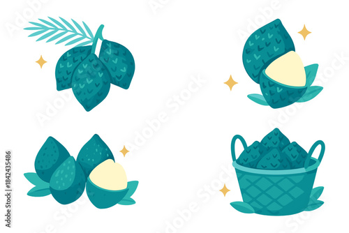 Unique teal colored fruit illustrations showcasing tropical delicacies with a playful design