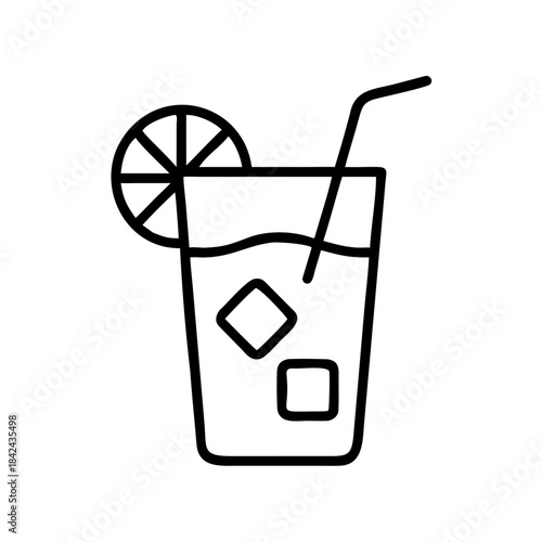 Outline of refreshing drink with lemon slice and ice cubes  