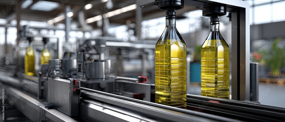 Naklejka premium Sunflower oil filling and capping process on a production line in a factory setting with yellow plastic bottles lined up for packaging