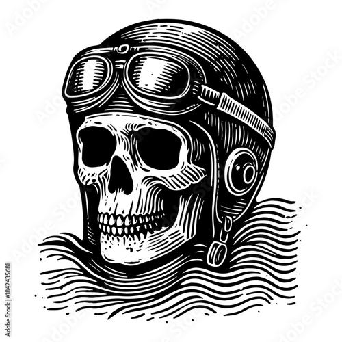 Vintage Skeleton Pilot Head with Goggles and Helmet on Wavy Background Monochrome