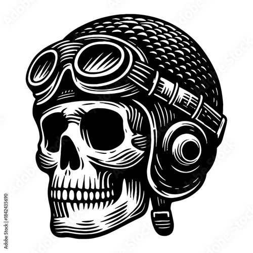 Vintage Skull Wearing Aviator Helmet and Goggles Black and White Engraving Style