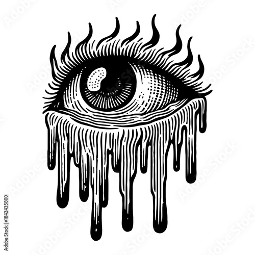 Vintage Style Dripping Eye Illustration Black And White With Flames Above