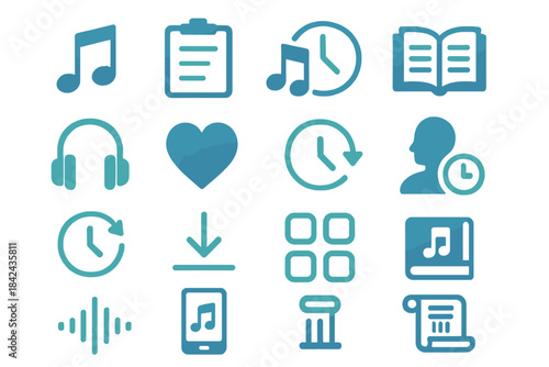 Various icons representing music, time management, learning, and audio activities in a modern digital style