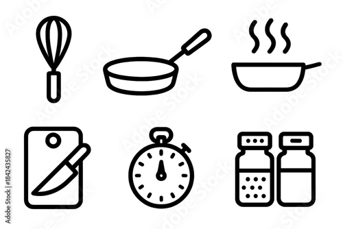 Cooking tools and ingredients for preparing a meal with utensils and timing devices at home kitchen