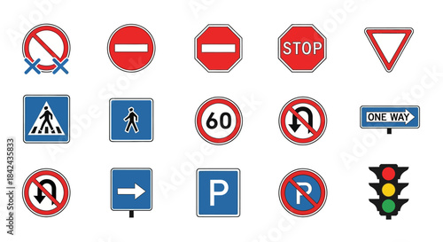 Collection of various international road and traffic signs.