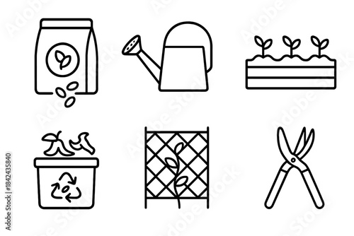 Gardening essentials featuring seeds, watering can, and tools for plant care in a neat arrangement on a white background