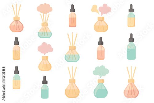Collection of various essential oil bottles with colorful designs and tops arranged in a grid layout, showcasing different shapes and sizes