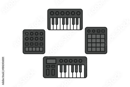 Four digital music devices arranged in a circular pattern on a neutral background