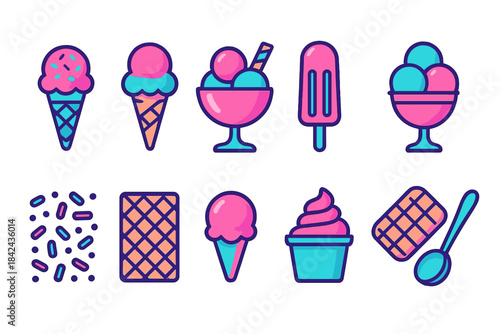 Colorful collection of ice cream icons in playful designs featuring cones, bowls, popsicles, and toppings