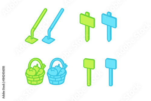 Bright and colorful gardening tools and baskets for harvesting vegetables in a pleasant and cheerful setting