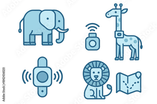 Animal tracking devices featured with an elephant, giraffe, lion, and a detailed map for wildlife monitoring programs
