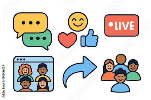 People engaging in online communication and live interactions through messaging and video calls