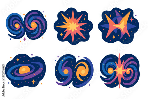 Vibrant cosmic illustrations showcasing galaxies, stars, and celestial events in vivid colors against a dark background