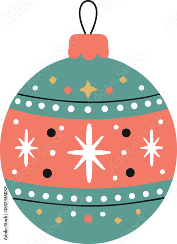 Patterned Christmas Bauble Ornament with Snowflake and Dots Isolated on Transparent Background Flat Vector