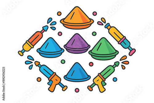 Colorful water guns and powder bowls for a vibrant outdoor celebration during a festive event