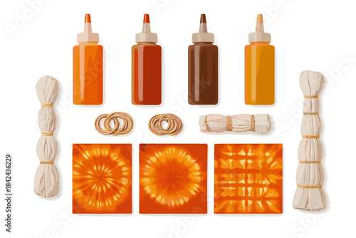 Bottles of dye and tied fabric ready for a vibrant tie-dye crafting session at home in bright colors