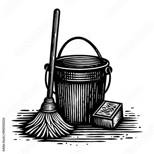 Vintage Wooden Mop and Bucket Illustration with Soap Bar Black and White Engraving Style