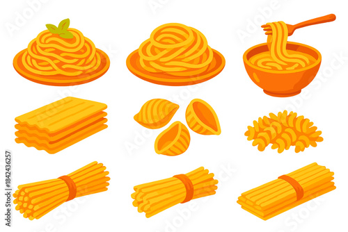 Collection of colorful pasta types including spaghetti, lasagna, and shells ready for cooking