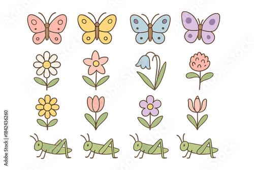 Colorful collection of butterflies and flowers with cheerful insects in a playful design