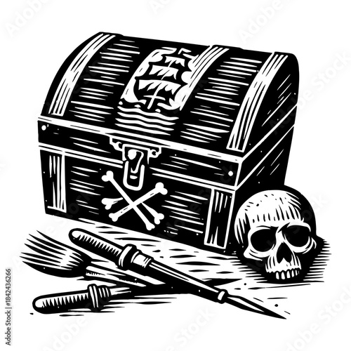 Vintage Wooden Treasure Chest With Skull and Crossbones Nautical Map Tools on White Background