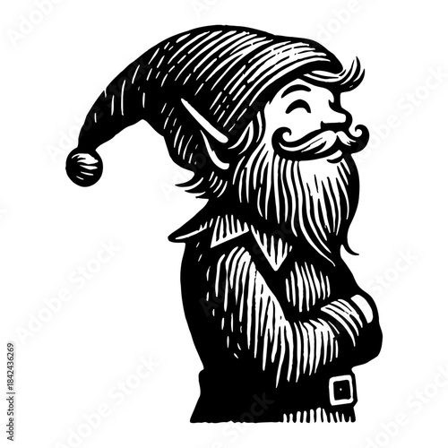 Whimsical Elf Character With Pointed Hat And Beard In Black And White Illustration