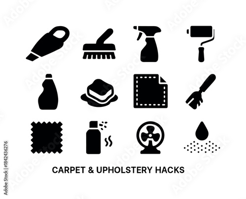 Carpet Cleaning Icons. carpet & upholstery hacks. Solid icon set