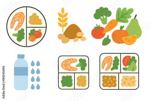 Healthy meal options with colorful vegetables, grains, and seafood presented in a balanced diet format