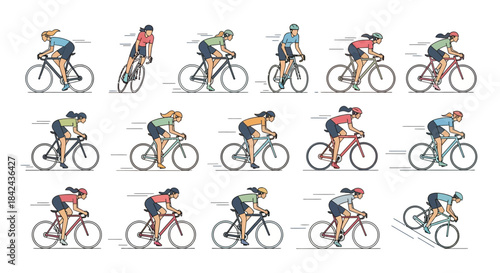 Cyclists in motion, a collection of dynamic illustrations depicting various cycling poses and speeds.