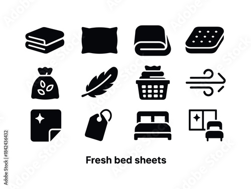 Fresh Bed Essentials Icons. Fresh bed sheets. Solid icon set of