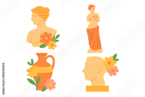 Artistic representation of classical sculptures with flowers in a bright color palette
