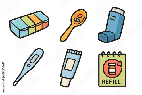 Essential health and wellness items including medication, thermometer, and inhaler for home care