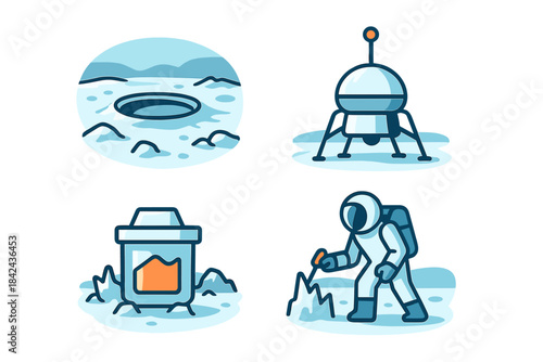 Exploration of an icy lunar landscape featuring a lander, crater, and astronaut searching for resources