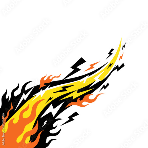 Dynamic graphic design featuring a stylized trail of black lightning bolts and vibrant orange and yellow flames on a white background.