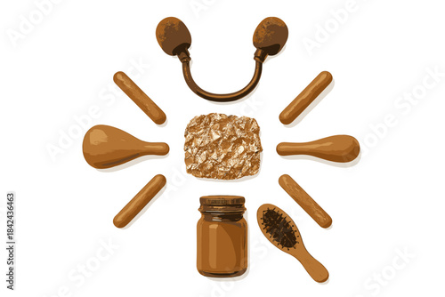 Unique arrangement of various objects including sound equipment and wooden tools on a white background