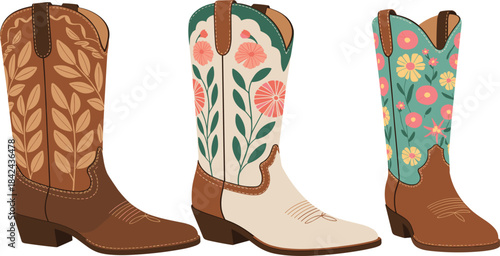 Vector set of three colorful floral cowboy boots, detailed western fashion footwear with embroidered flower designs