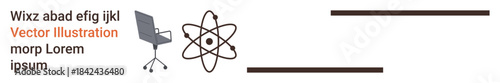 Education, office design, academic presentations, science communication, workspace concepts, branding. Office chair and atomic structure with blank space. Education and office design