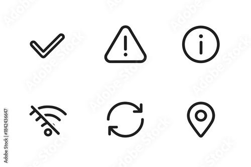 Set of simple icons representing status notifications, connectivity, and location details for digital applications