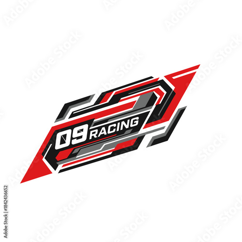 Dynamic geometric racing logo with '09 RACING' text in red, black, and white colors.