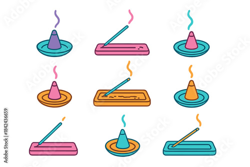 Colorful incense cones and sticks arranged in a creative pattern on plates in a cozy setting