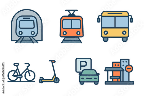Various modes of transportation including train, tram, bus, bicycle, scooter, and car at a transit station