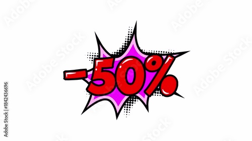 -50% text comic pop art style animation pop up with Alpha Channel