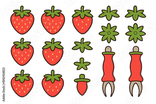 Bright red strawberries and green leaves with gardening tools in a fun, colorful design