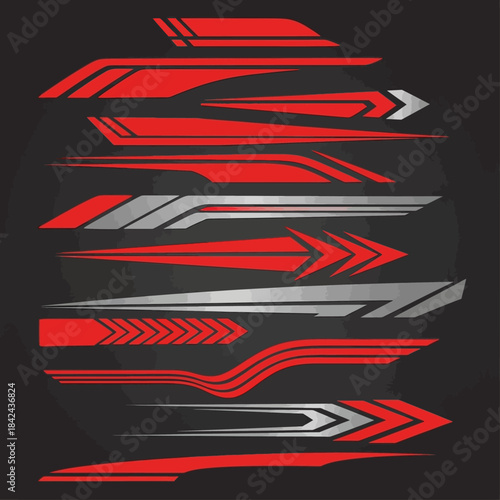 Collection of dynamic red and silver graphic decals for car body styling, featuring various geometric and abstract racing stripe designs.
