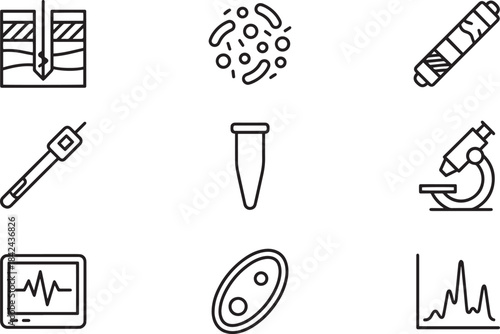 Medical and scientific research outline icons set with microscope and test tube