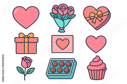 Collection of romantic symbols including hearts, flowers, and gifts for special occasions